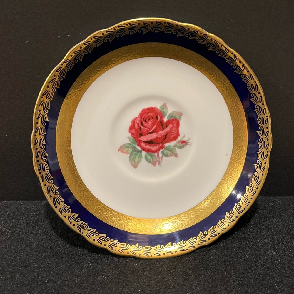 PARAGON Saucer with Floral Rose Center with Cobalt and Gold Trim, saucer only